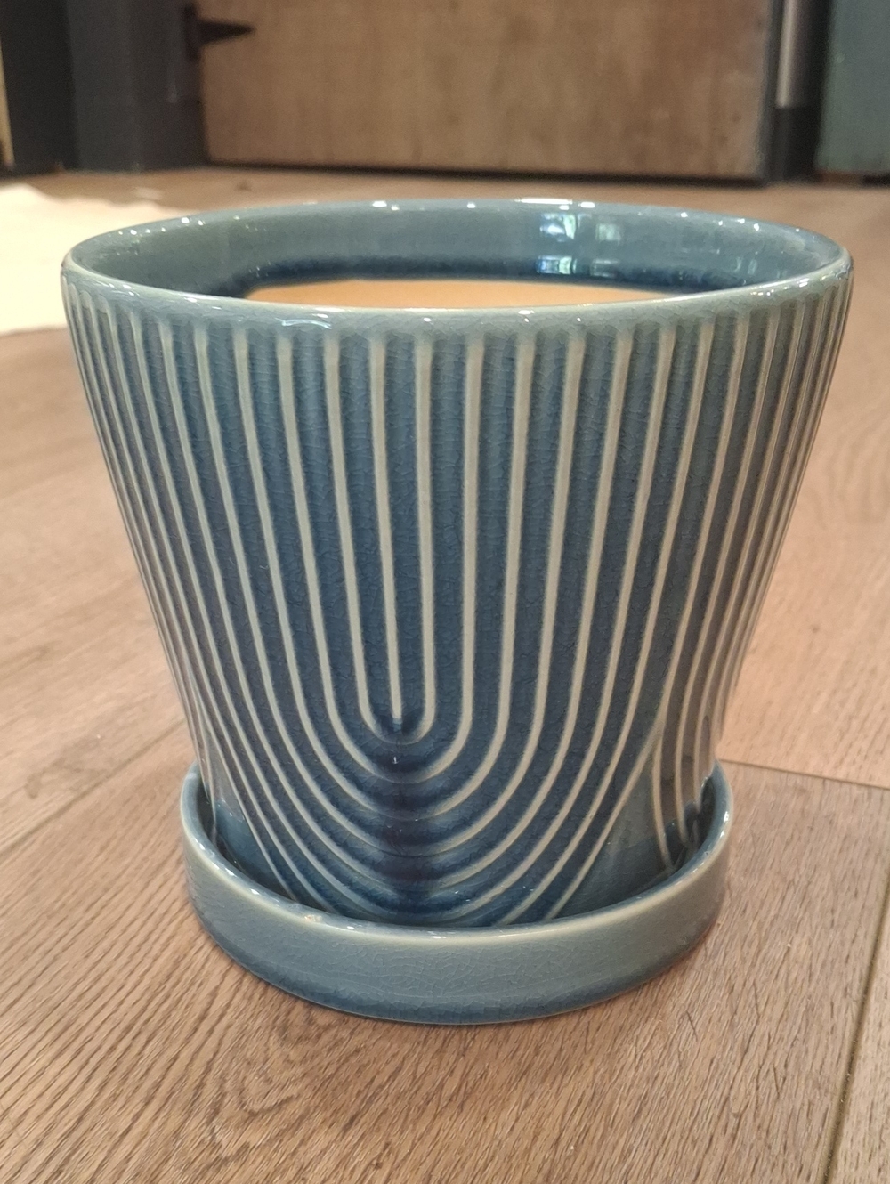 Blue Ceramic Planter with Modern Ribbed Design